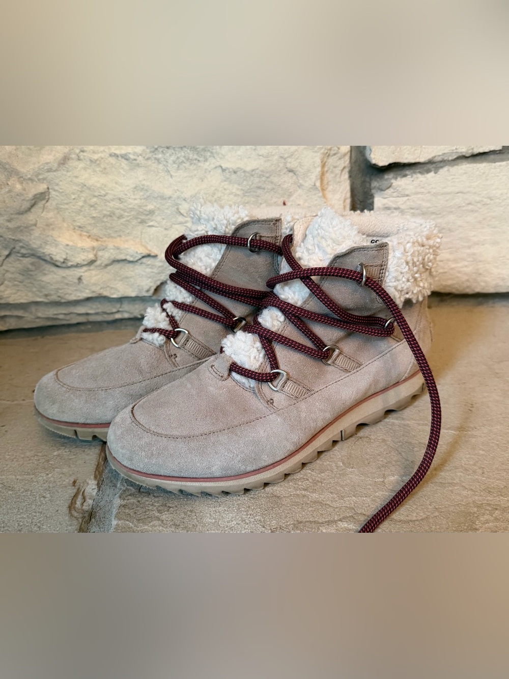 Sorel Taupe Suede Ankle Booties with Burgundy Laces